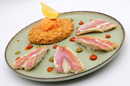 Restaurant L’ Estacade Cap d’Agde propose une cuisine fait maison de spécialités poisson. Ici Risotto d'épeautre Petit rouget Glace piment d'Espelette ( ® SAAM fabrice CHORT)